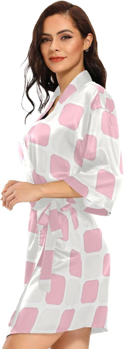Pink Check Woman's Bathrobe with Pockets Long Bathrobe for Hospital