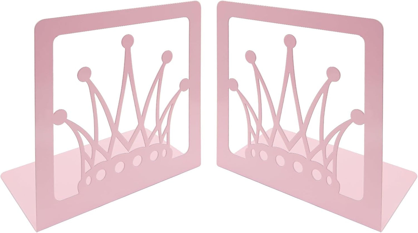 Pink Crown Bookends Metal Book Ends Decorative Bookends for Shelves,Princess Style Book Holder Journal Book Organizer CD Holder Office Bookends for Back to School Student Birthday Kids Girl Mom Gift