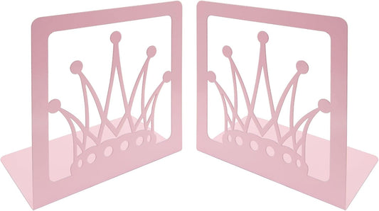 Pink Crown Bookends Metal Book Ends Decorative Bookends for Shelves,Princess Style Book Holder Journal Book Organizer CD Holder Office Bookends for Back to School Student Birthday Kids Girl Mom Gift