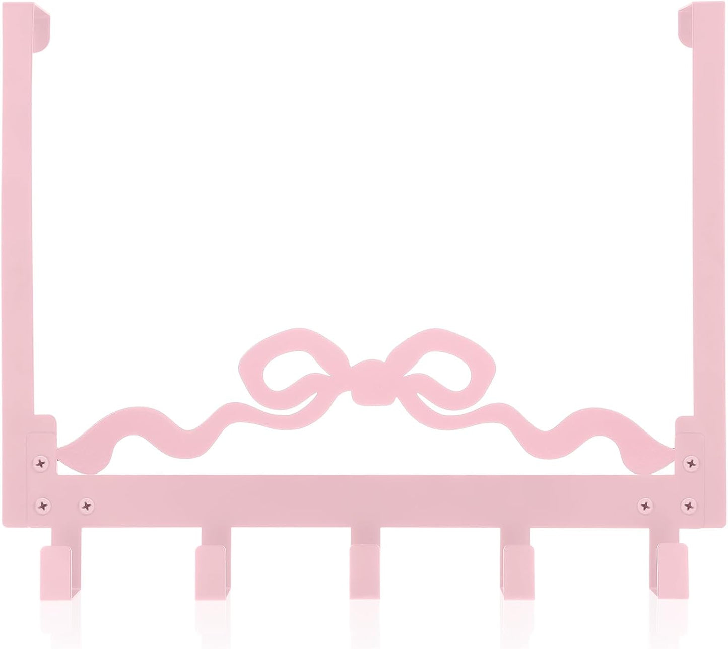 Kathfly Cute Pink Bow Over the Door Hooks Towel Hooks Heavy Duty Hanging Towel Rack Over Door Hanger, 5 Coat Hanger for Bedroom Bathroom Kitchen