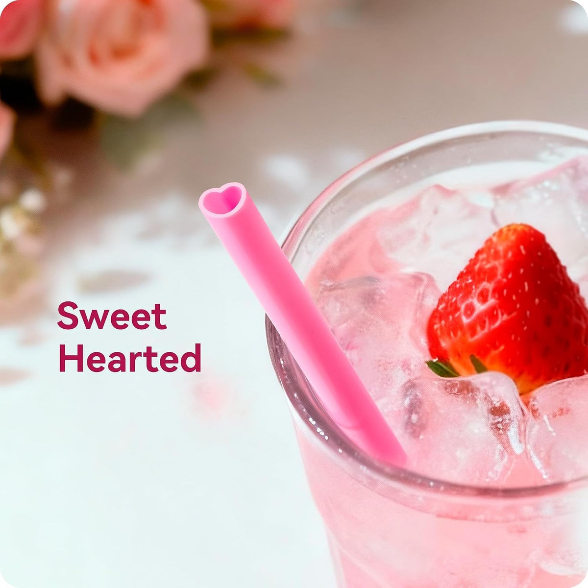 50pcs Heart Shaped Pink Straws 8mm Individually Wrapped Disposable Straws