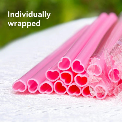 50pcs Heart Shaped Pink Straws 8mm Individually Wrapped Disposable Straws