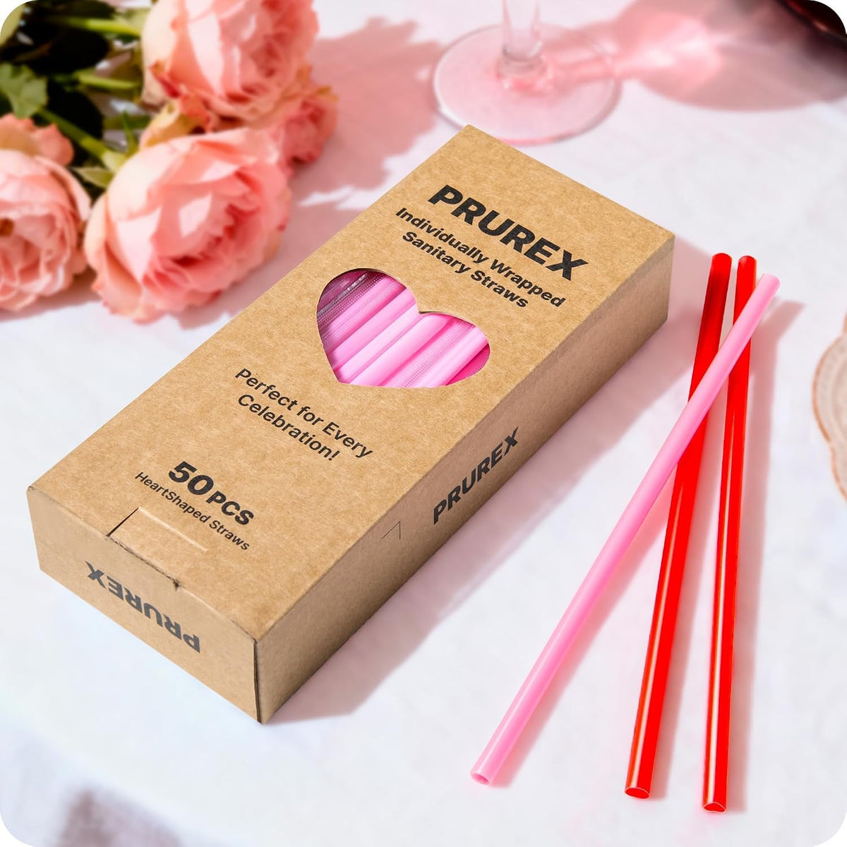 50pcs Heart Shaped Pink Straws 8mm Individually Wrapped Disposable Straws