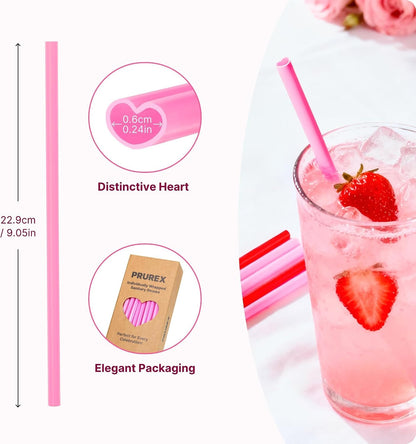 50pcs Heart Shaped Pink Straws 8mm Individually Wrapped Disposable Straws