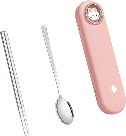 Spoon and Chopsticks Set, Stainless Steel Metal Chopsticks Spoon Set with Travel Case Stainless Steel Chopsticks Spoon Set Travel Utensils for Home Work Outdoor (pink)