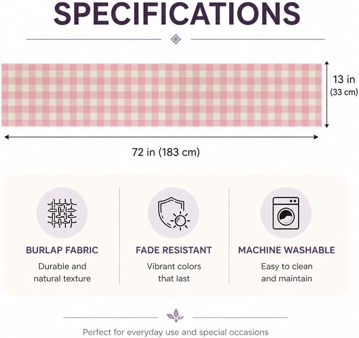 Easter Pink and White Buffalo Check Plaid Table Runner Gingham Pink Farm Birthday Party Decorations Home Kichen Dining Room Decor 13x72 Inch