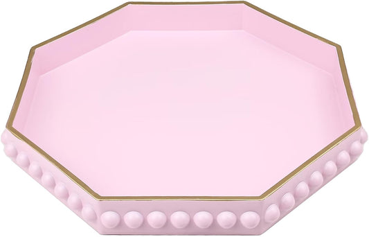 Pink Serving Tray for Coffee Table, Octagonal Beaded Plastic Decorative Tray for Ottoman, Kitchen Counter, Living Room