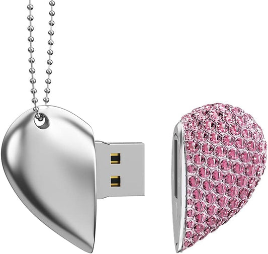 RAOYI 64GB Heart Shape USB 2.0 Flash Drive Crystal Memory Stick Thumb Drive Pen Drive Jump Drive Jewelry Pendant Necklace with Key Chain-Pink