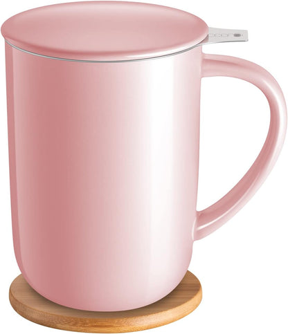 CEEFU Porcelain Tea Mug with Infuser and Lid, Teaware with Filter and Coaster, Loose Leaf Tea Cup Steeper Maker, 16 OZ for Tea/Coffee/Milk/Women/Office/Home/Gift (Pink)