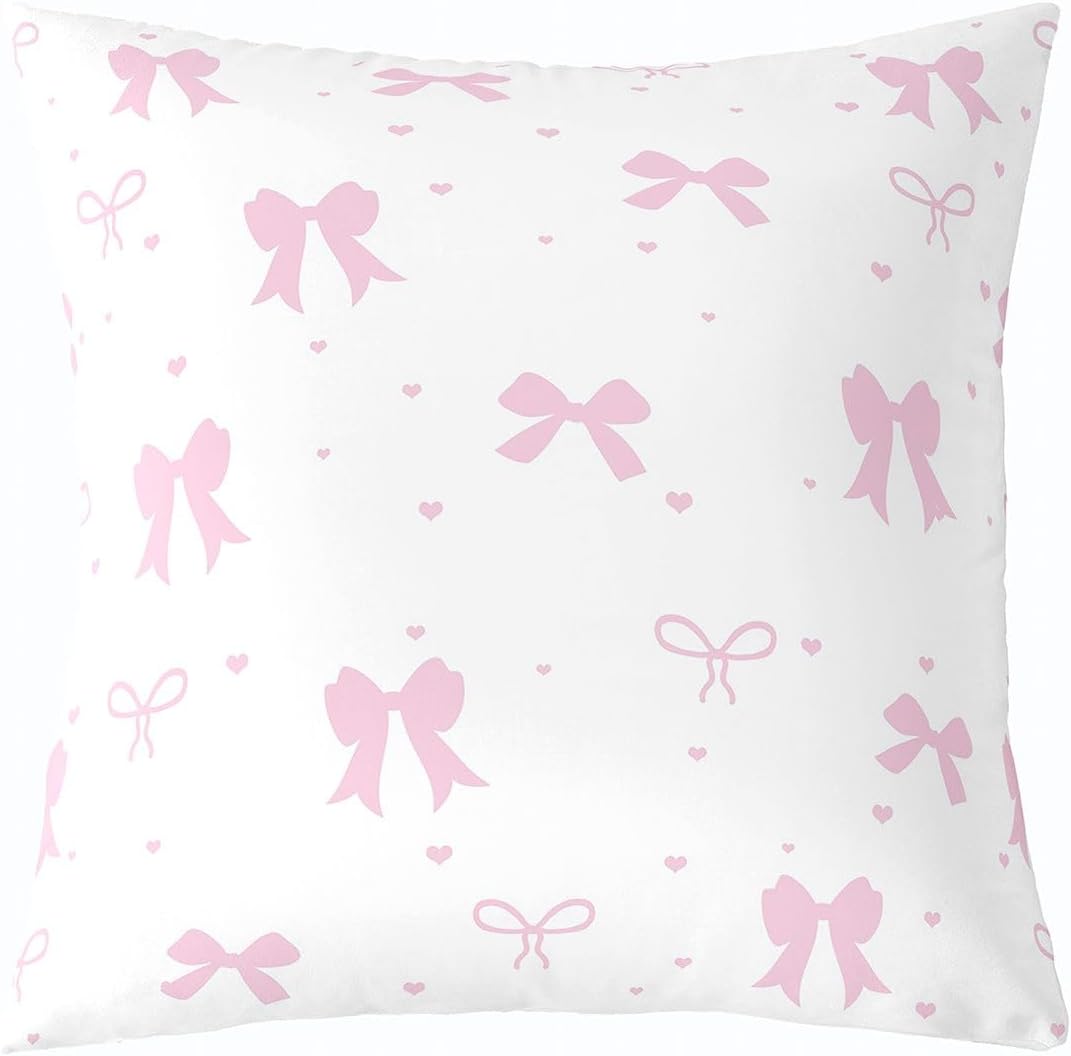 Feelyou Light Pink Bow Throw Pillow Covers 1 Pcs Cute Princess Bowknot Cushion Case Kawaii Love Heart Pattern Decor Pillowcase Indoor Outdoor Super Soft 22 x 22-Inch