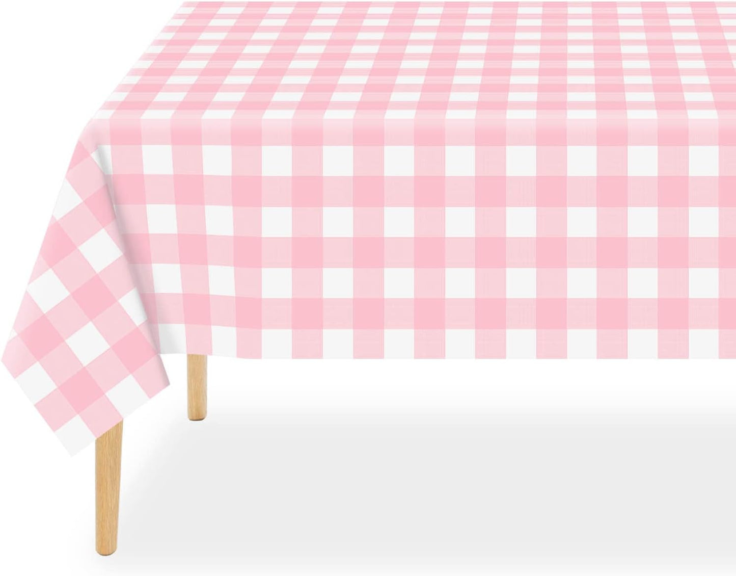QIKSION Pink Gingham Tablecloth Disposable 2 Pack, 54 x 108 Inch Pink and White Checkered Table Cloth for Baby Shower, Easter, Mothers Day Decorations, Birthday Party, Rectangle, Plastic Table Cover