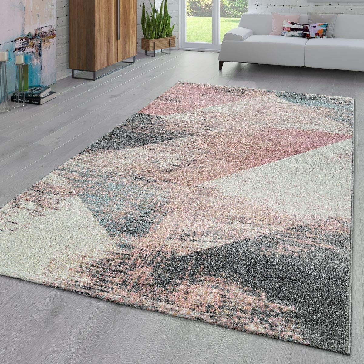 Area Rug Abstract Geometric Pattern Fashionably Faded in Multicolor Pink Cream Gray Blue, Size:2' x 3'3"