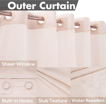 No Hook Shower Curtain with Snap-in Liner Set, Pink, 71x74