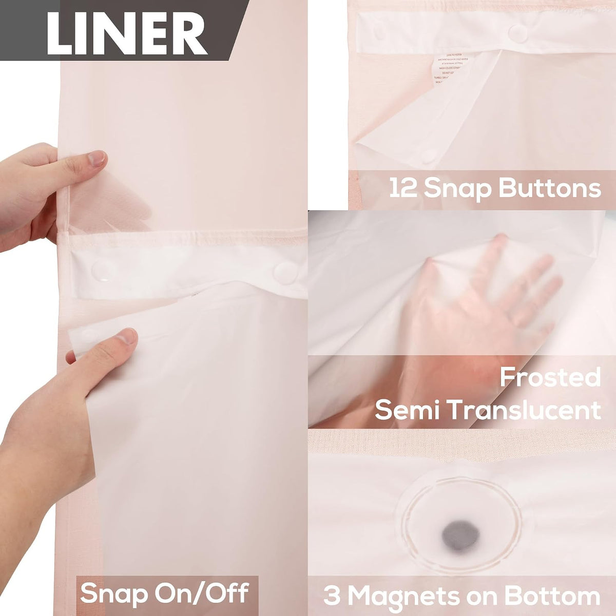 No Hook Shower Curtain with Snap-in Liner Set, Pink, 71x74