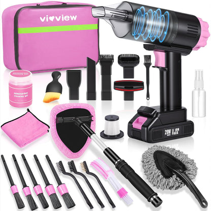 25pcs Car Cleaning Kit, Pink Interior Detailing Kit with High Power Vacuum Portable Cordless, Handheld Vacuum Cleaner for Home, Car, Pet Hair, Keyboard, Complete Auto Accessories for Gift