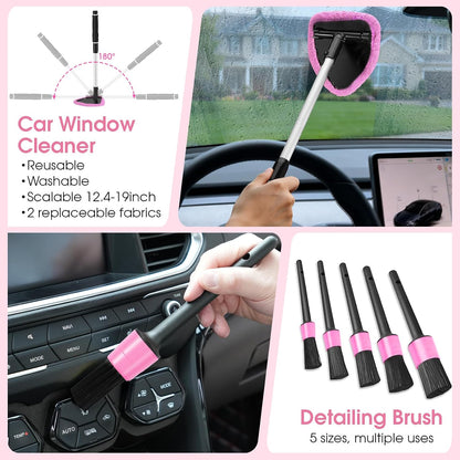 25pcs Car Cleaning Kit, Pink Interior Detailing Kit with High Power Vacuum Portable Cordless, Handheld Vacuum Cleaner for Home, Car, Pet Hair, Keyboard, Complete Auto Accessories for Gift