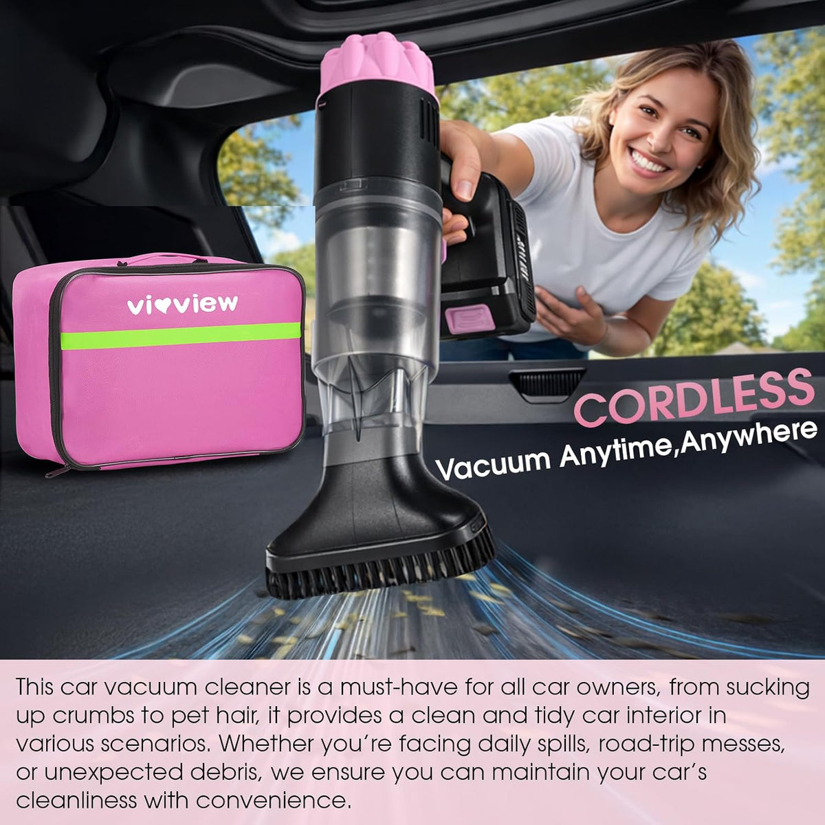 25pcs Car Cleaning Kit, Pink Interior Detailing Kit with High Power Vacuum Portable Cordless, Handheld Vacuum Cleaner for Home, Car, Pet Hair, Keyboard, Complete Auto Accessories for Gift