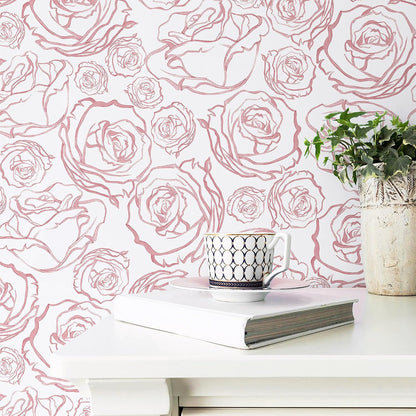 118'' × 17.3'' Pink Floral Wallpaper Peel and Stick Pink and White Rose Contact Paper Removable Wall Paper Boho Wallpaper for Bedroom