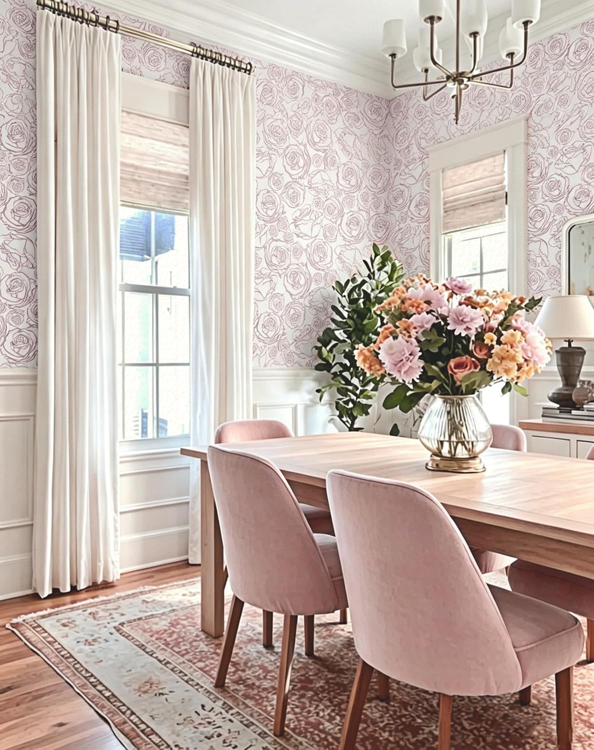 118'' × 17.3'' Pink Floral Wallpaper Peel and Stick Pink and White Rose Contact Paper Removable Wall Paper Boho Wallpaper for Bedroom