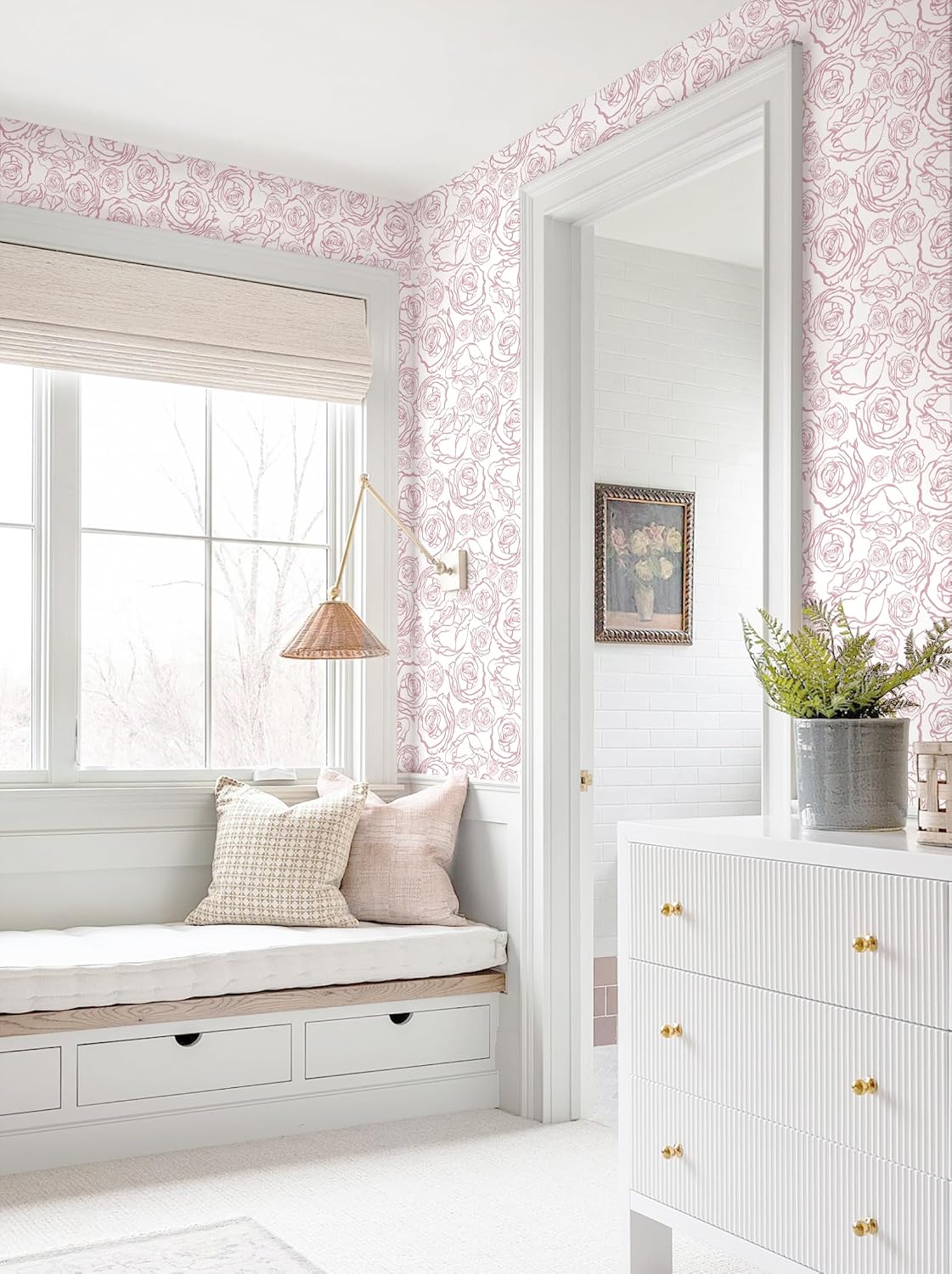 118'' × 17.3'' Pink Floral Wallpaper Peel and Stick Pink and White Rose Contact Paper Removable Wall Paper Boho Wallpaper for Bedroom