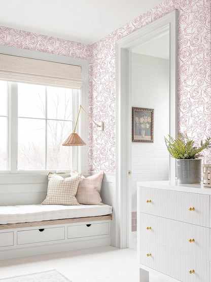118'' × 17.3'' Pink Floral Wallpaper Peel and Stick Pink and White Rose Contact Paper Removable Wall Paper Boho Wallpaper for Bedroom
