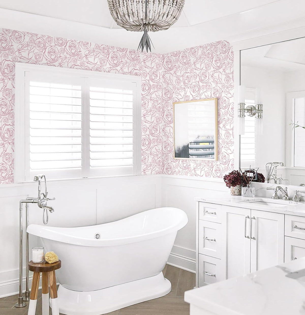 118'' × 17.3'' Pink Floral Wallpaper Peel and Stick Pink and White Rose Contact Paper Removable Wall Paper Boho Wallpaper for Bedroom