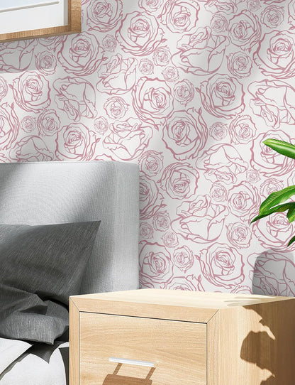 118'' × 17.3'' Pink Floral Wallpaper Peel and Stick Pink and White Rose Contact Paper Removable Wall Paper Boho Wallpaper for Bedroom