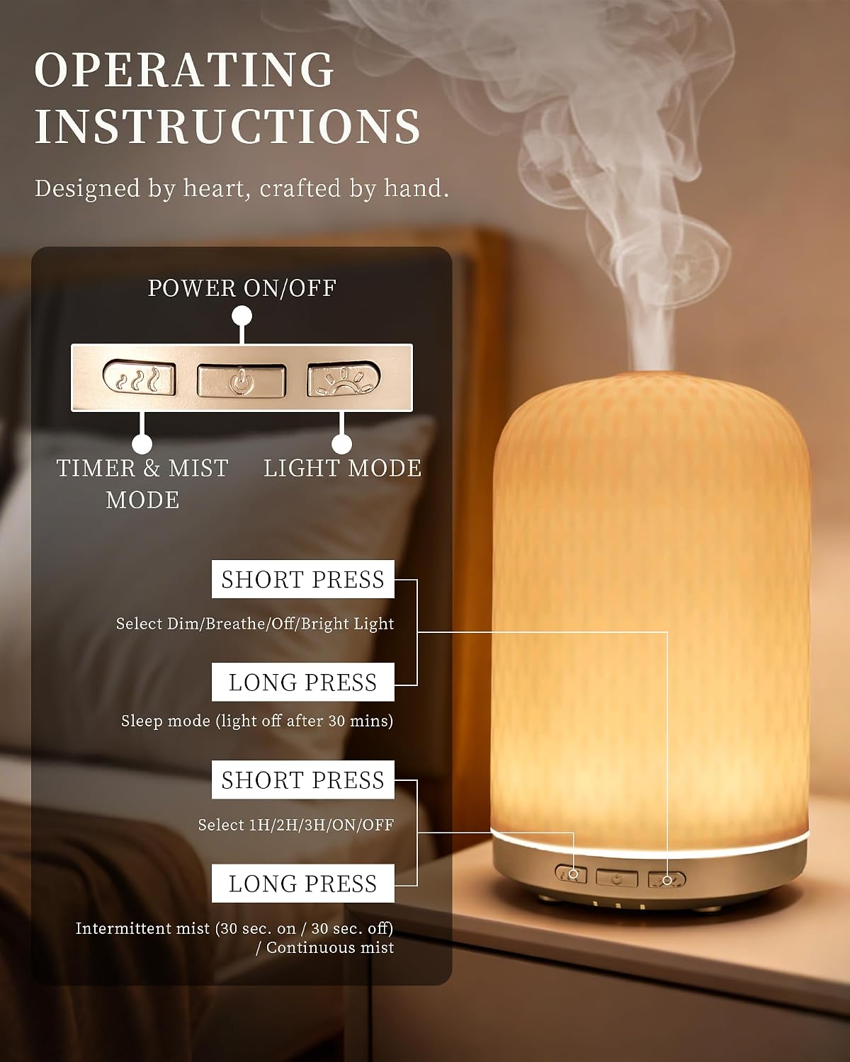 Essential Oil Diffuser - 2.4 MHz Ultrasonic Ceramic Diffuser with Pulse/Continuous Mist & 3 Night Light Modes, Waterless Auto-Off, Silent Aromatherapy Diffuser for Home, Office, Gifting & Home Decor