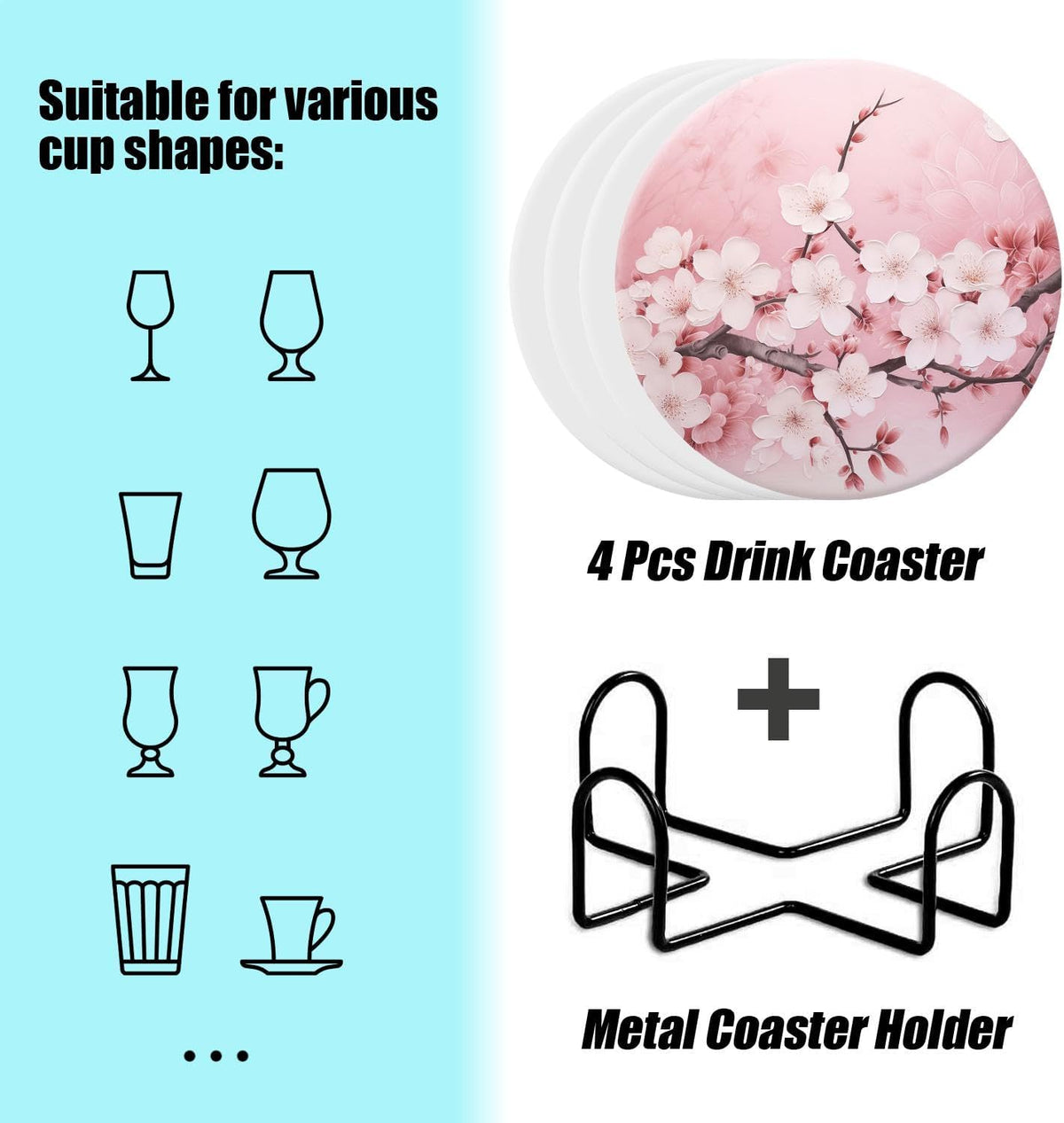 Drinking Coasters with Holder Round Water Absorbent Marble Ceramic Coasters Tabletop Protection(Cork Base),Blooming Pink Cherry Blossom Flowers,Suitable for Various Mugs,Home Decor，4 Inch