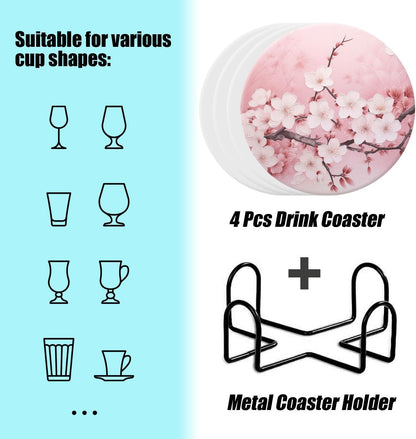 Drinking Coasters with Holder Round Water Absorbent Marble Ceramic Coasters Tabletop Protection(Cork Base),Blooming Pink Cherry Blossom Flowers,Suitable for Various Mugs,Home Decor，4 Inch