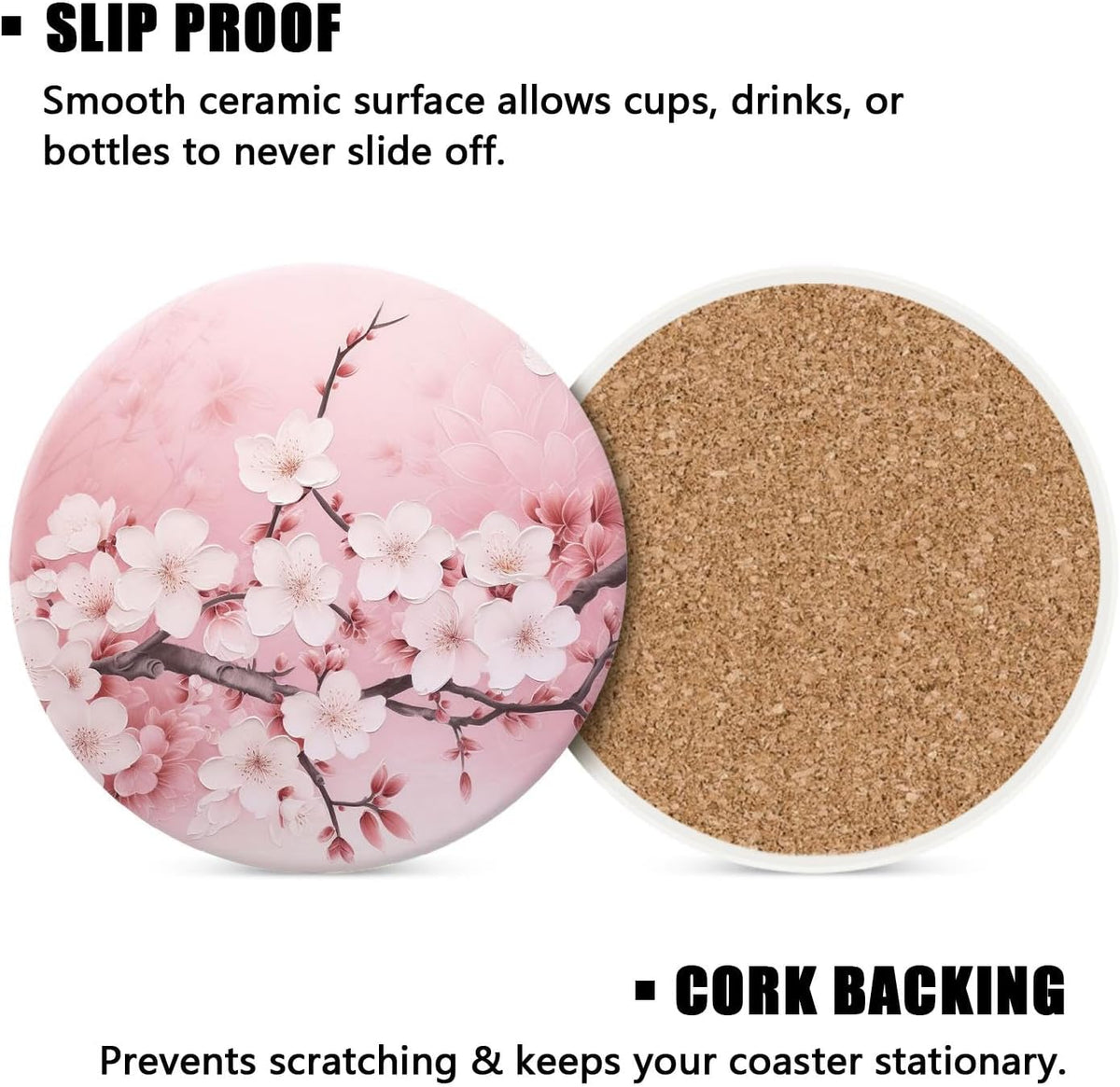 Drinking Coasters with Holder Round Water Absorbent Marble Ceramic Coasters Tabletop Protection(Cork Base),Blooming Pink Cherry Blossom Flowers,Suitable for Various Mugs,Home Decor，4 Inch