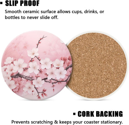 Drinking Coasters with Holder Round Water Absorbent Marble Ceramic Coasters Tabletop Protection(Cork Base),Blooming Pink Cherry Blossom Flowers,Suitable for Various Mugs,Home Decor，4 Inch