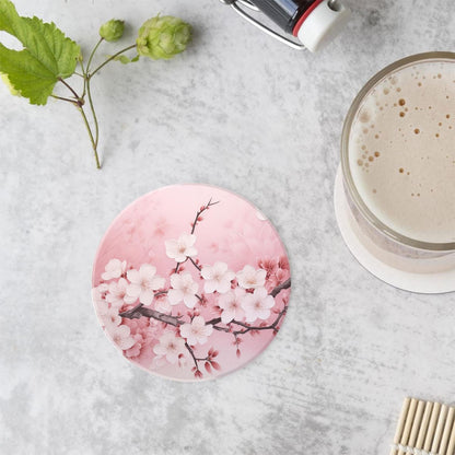 Drinking Coasters with Holder Round Water Absorbent Marble Ceramic Coasters Tabletop Protection(Cork Base),Blooming Pink Cherry Blossom Flowers,Suitable for Various Mugs,Home Decor，4 Inch