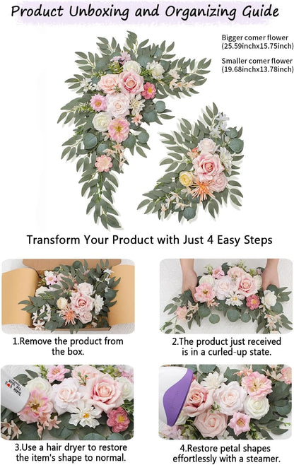 Wedding Welcome Signs Floral(Pack of 2)，Wedding Arch Flowers for Wedding Decorations and Reception Backdrop Decoration (New Pink)
