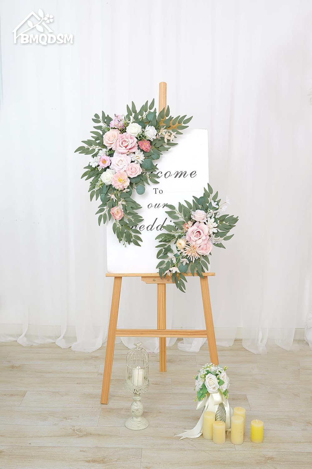 Wedding Welcome Signs Floral(Pack of 2)，Wedding Arch Flowers for Wedding Decorations and Reception Backdrop Decoration (New Pink)
