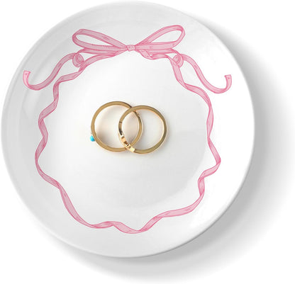 Pink Bow Jewelry Dish Tray Decorative Ring Dish Trinket Tray Key Bowl for Wedding Bridesmaid Gifts, Engagement and Bridal Shower Favors