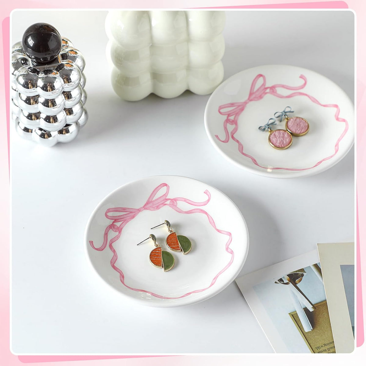 Pink Bow Jewelry Dish Tray Decorative Ring Dish Trinket Tray Key Bowl for Wedding Bridesmaid Gifts, Engagement and Bridal Shower Favors