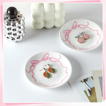 Pink Bow Jewelry Dish Tray Decorative Ring Dish Trinket Tray Key Bowl for Wedding Bridesmaid Gifts, Engagement and Bridal Shower Favors