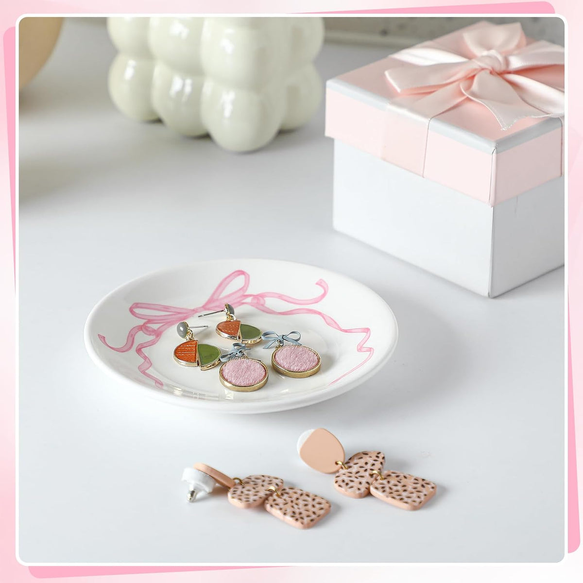 Pink Bow Jewelry Dish Tray Decorative Ring Dish Trinket Tray Key Bowl for Wedding Bridesmaid Gifts, Engagement and Bridal Shower Favors
