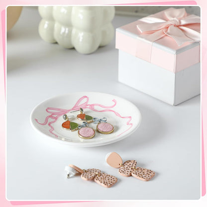 Pink Bow Jewelry Dish Tray Decorative Ring Dish Trinket Tray Key Bowl for Wedding Bridesmaid Gifts, Engagement and Bridal Shower Favors