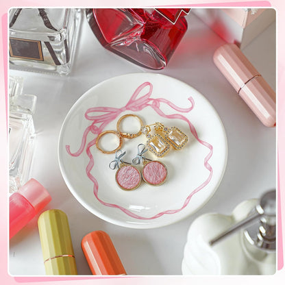 Pink Bow Jewelry Dish Tray Decorative Ring Dish Trinket Tray Key Bowl for Wedding Bridesmaid Gifts, Engagement and Bridal Shower Favors