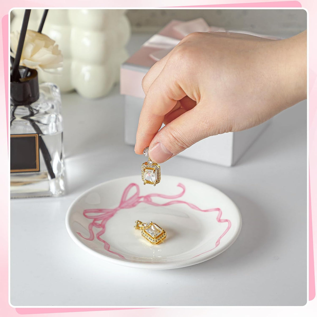 Pink Bow Jewelry Dish Tray Decorative Ring Dish Trinket Tray Key Bowl for Wedding Bridesmaid Gifts, Engagement and Bridal Shower Favors