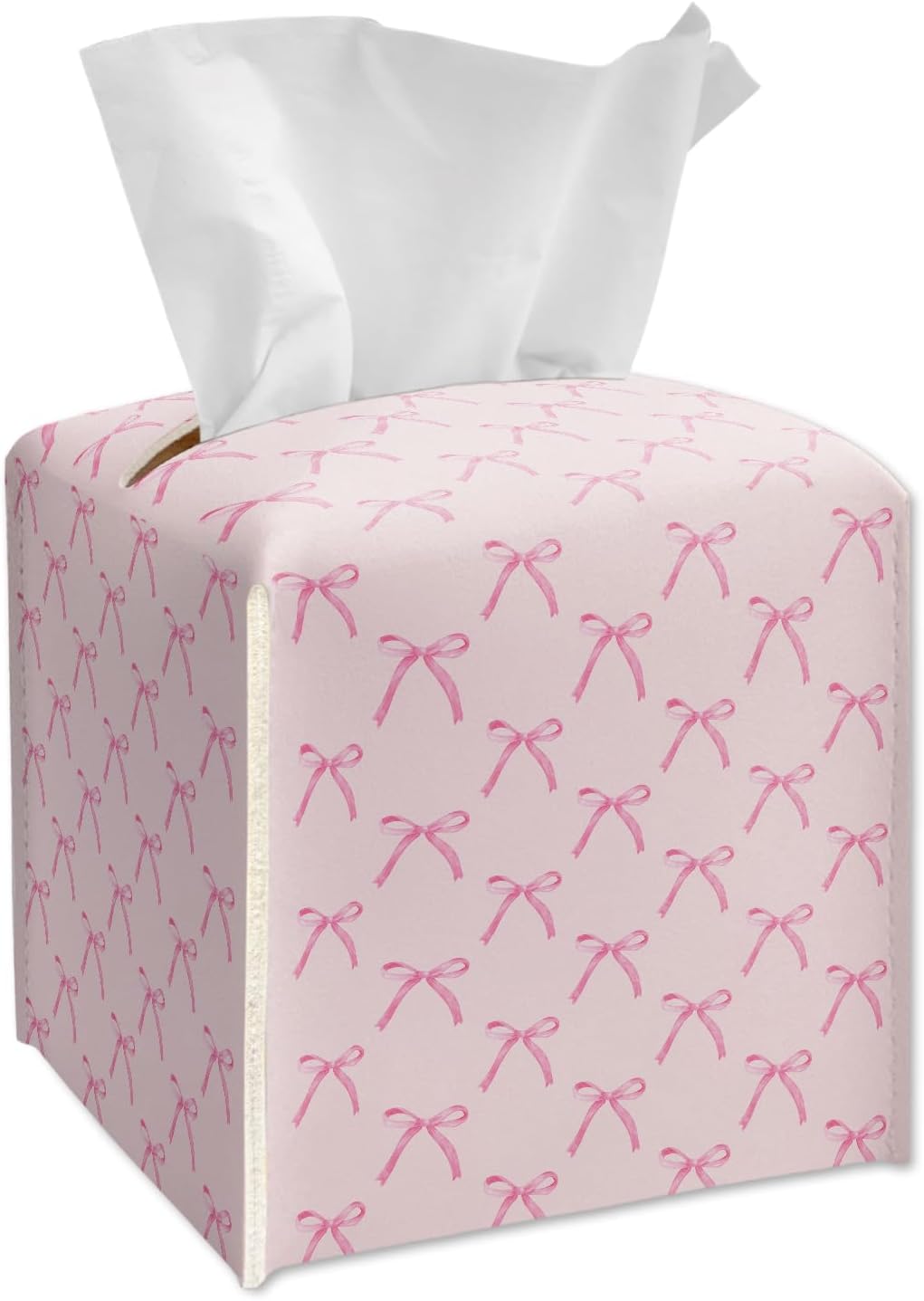 Tissue Box Cover Square - Pink Ribbon Bows Tissue Box Holder with Bottom Belt, Leather Facial Paper Holder for Bathroom Vanity Countertop, Nightstands, Dining Table, Office, Car -30