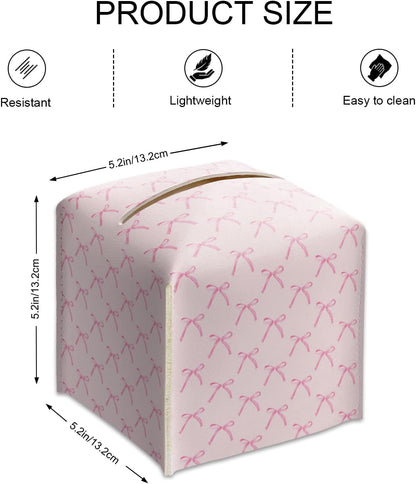 Tissue Box Cover Square - Pink Ribbon Bows Tissue Box Holder with Bottom Belt, Leather Facial Paper Holder for Bathroom Vanity Countertop, Nightstands, Dining Table, Office, Car -30