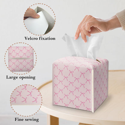 Tissue Box Cover Square - Pink Ribbon Bows Tissue Box Holder with Bottom Belt, Leather Facial Paper Holder for Bathroom Vanity Countertop, Nightstands, Dining Table, Office, Car -30