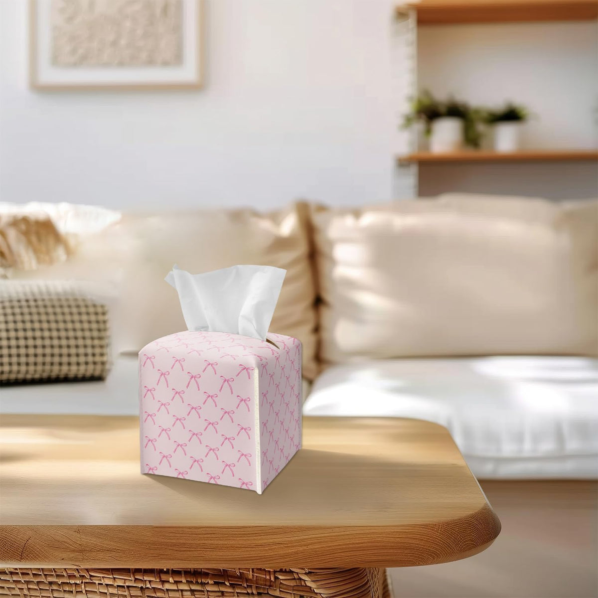 Tissue Box Cover Square - Pink Ribbon Bows Tissue Box Holder with Bottom Belt, Leather Facial Paper Holder for Bathroom Vanity Countertop, Nightstands, Dining Table, Office, Car -30