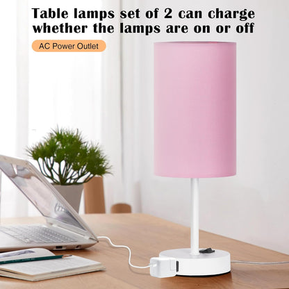 Table Lamp for Bedroom Set of 2, Bedside Small Lamps with 3 Way Dimmable Rocker Switch and AC Outlet, Nightstand Desk Lamp with Pink Fabric Shade White Base for Living Room Home Decor Lights
