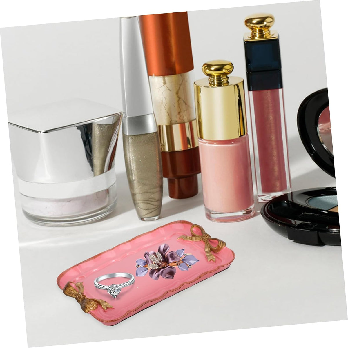 Retro Bowknot Jewelry Tray for Dessert and Perfume Pink Resin