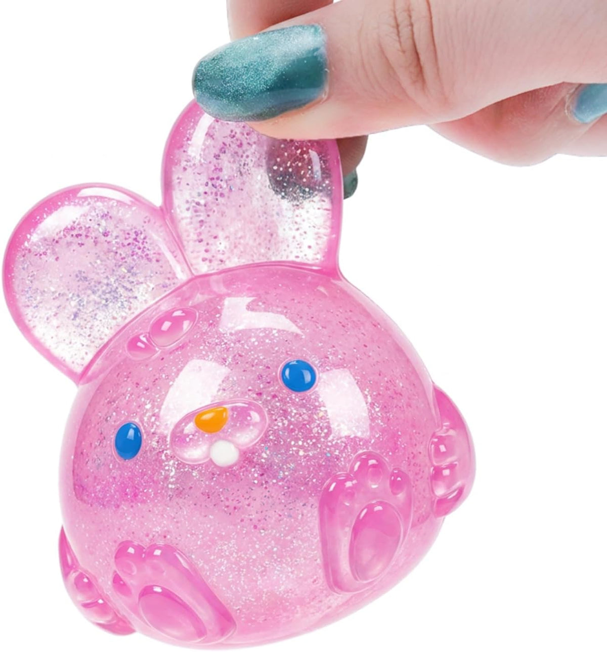 Stress Relief Pink Glitter Bunny Squishy Toy - Squish Sensory Fidget Toy, Anxiety Calming Squeeze Ball for Kids Adults ADHD Autism