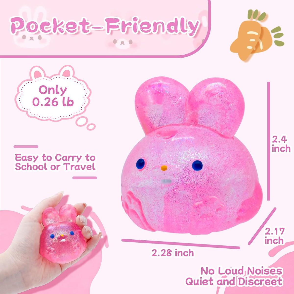 Stress Relief Pink Glitter Bunny Squishy Toy - Squish Sensory Fidget Toy, Anxiety Calming Squeeze Ball for Kids Adults ADHD Autism